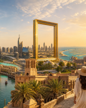 Ilustracja Dubaju z najważniejszymi atrakcjami miasta