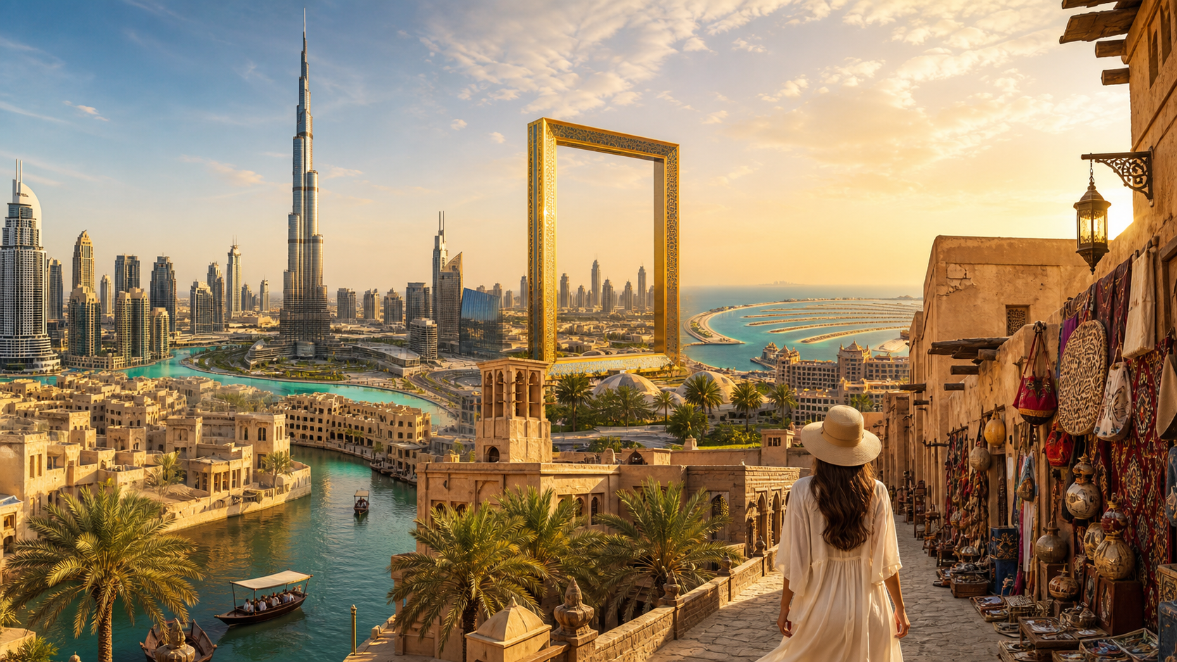 Ilustracja Dubaju z najważniejszymi atrakcjami miasta